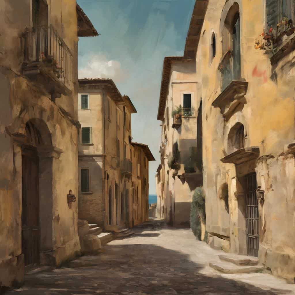 Λιθόκτιστος δρόμος σε παραδοσιακή μεσογειακή πόλη, καλλιτεχνική δημιουργία και κοινωνία.