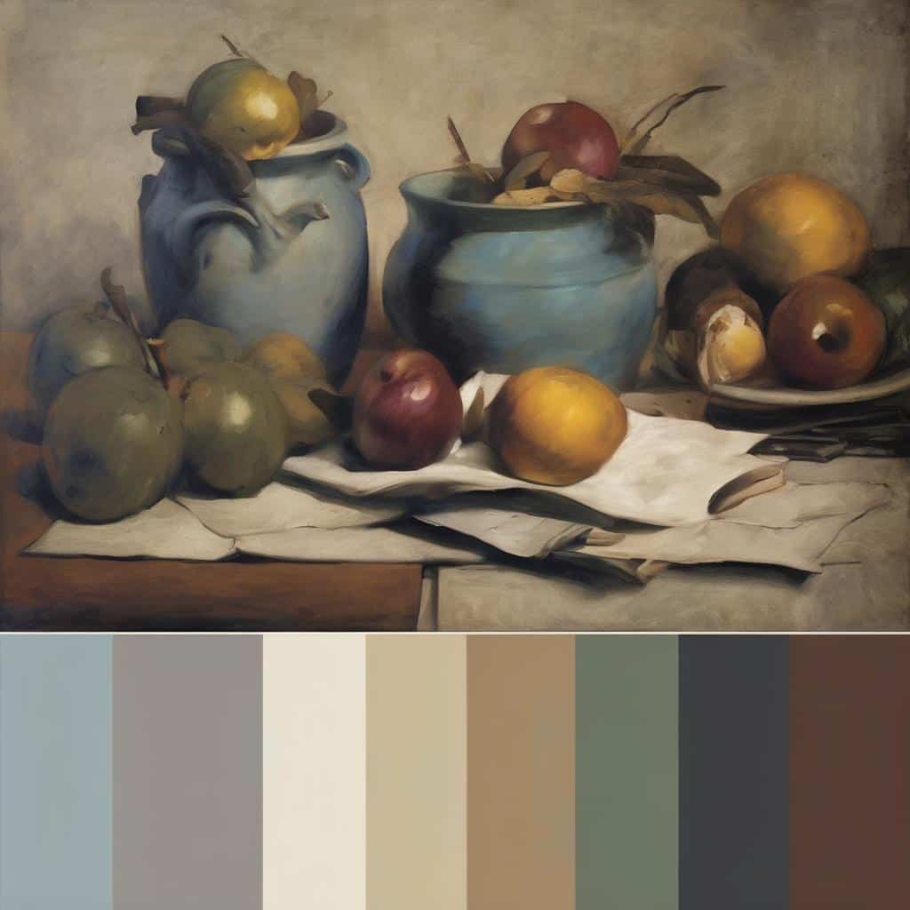 Γαλάζια αγγεία με φρούτα, Still life τέχνη, κοινωνία και καλλιτεχνική δημιουργία, πίνακας ζωγραφικής, γυναικεία και κοινωνική τέχνη, έγχρωμο αρχειακό έργο.