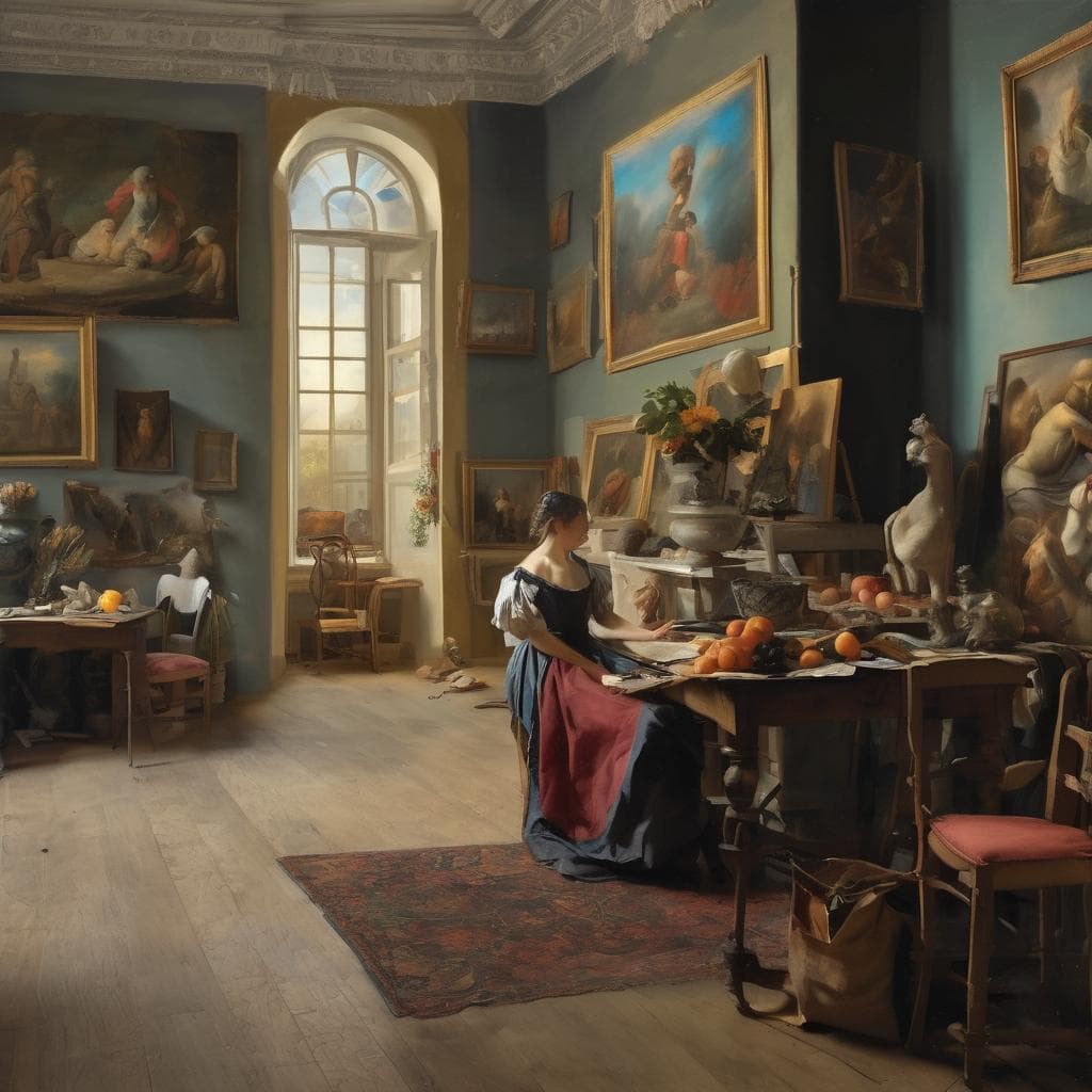 Ζωγράφος σε εργαστήριο με πίνακες και γλυπτά, δημιουργική σύγχρονη τέχνη και κοινωνία.