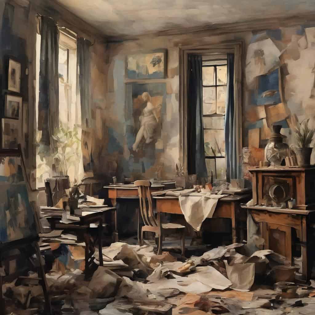 Αποθηκευμένος χώρος καλλιτεχνικής δημιουργίας και κοινωνίας, φθαρμένα έργα τέχνης και δημιουργικά αντικείμενα.