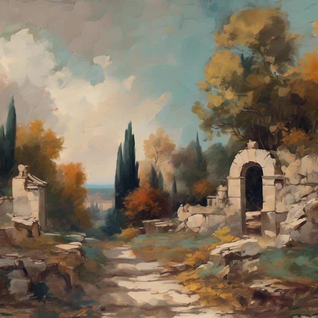 Αρχαία ερείπια και κήποι, κοινωνία και καλλιτεχνική δημιουργία, τοπίο σε στιλ ζωγραφικής.
