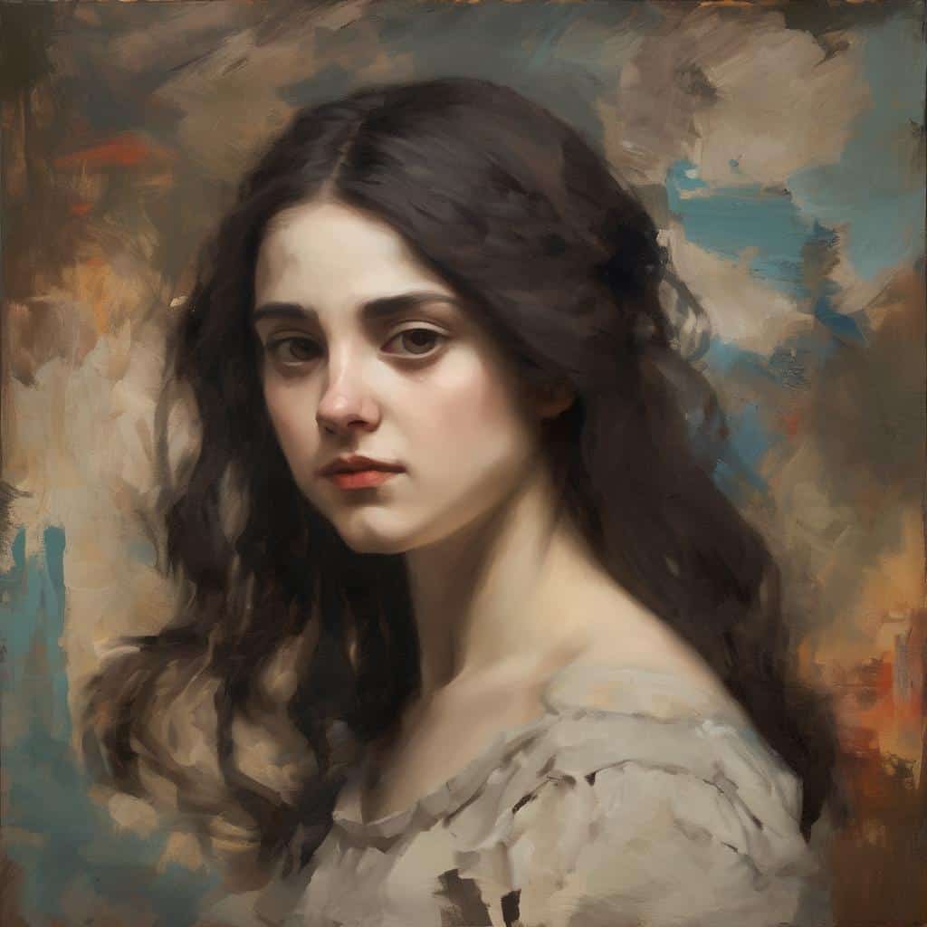 Ομορφη γυναίκα με σκουροκαστανα μαλλια σε πορτραίτο ζωγραφια, κοινωνία και καλλιτεχνική δημιουργία, συλλογικότητα.